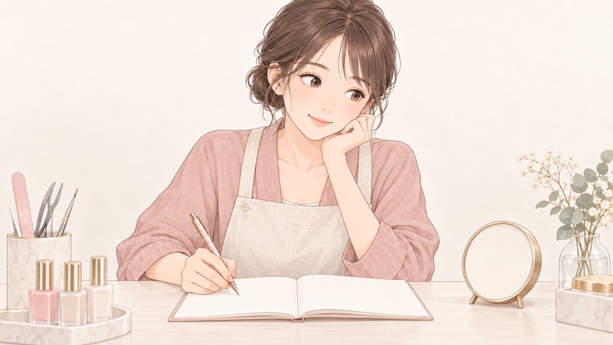 ノートに書き込みながら卓上時計を見るネイリスト