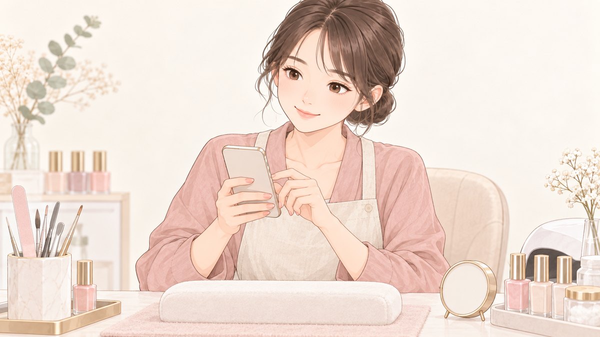 スマートフォンで返事を打つネイリスト