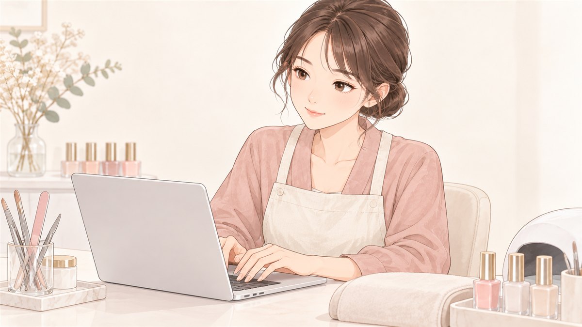 ノートパソコンで文章を打つネイリスト