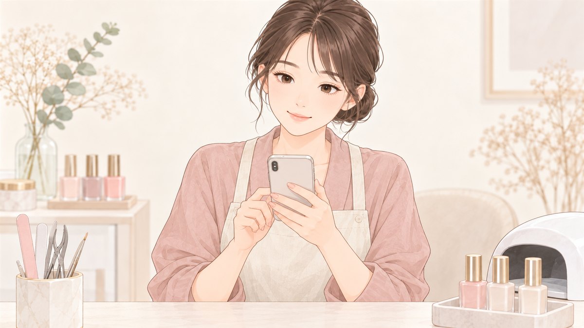 スマートフォンで文面を打つネイリスト
