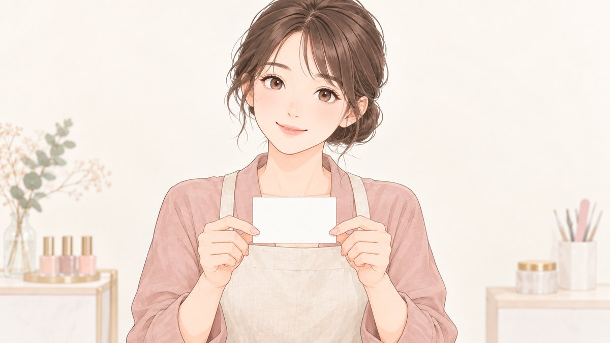 無地の名刺を両手で持って微笑むネイリスト