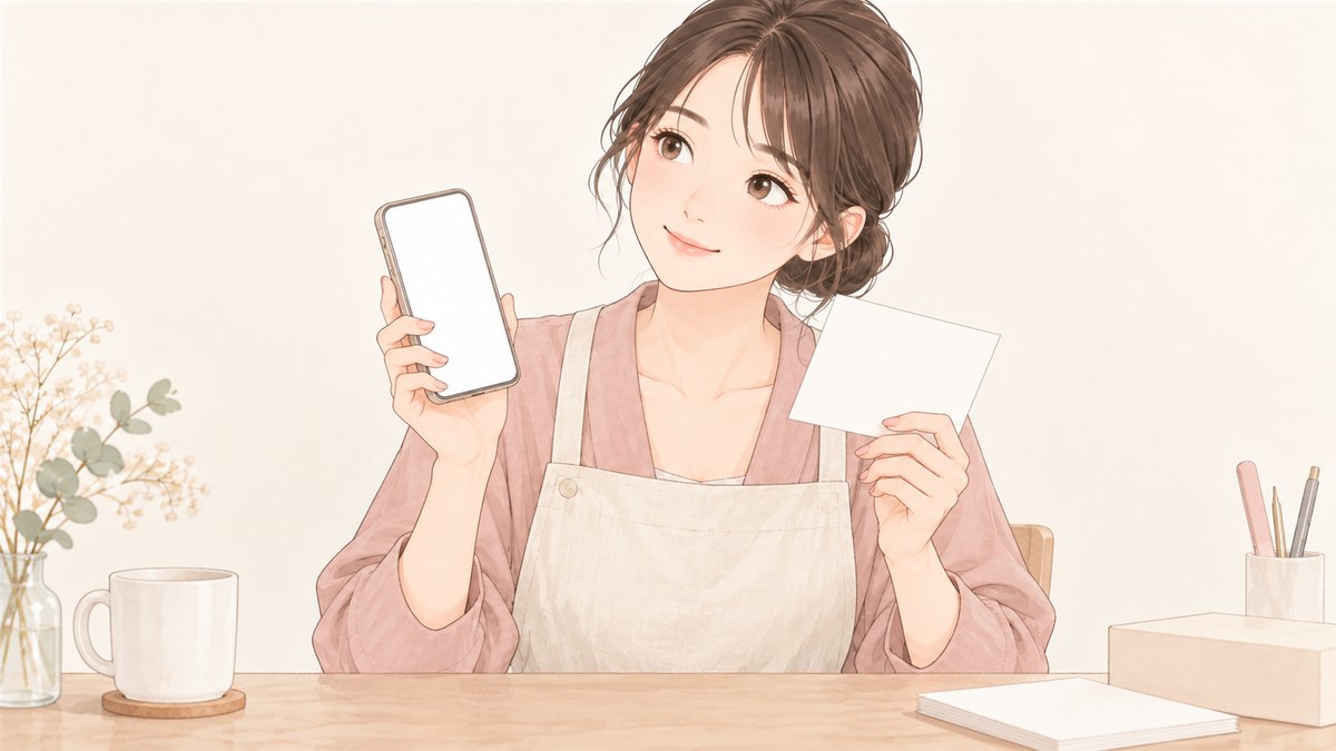 スマートフォンとはがきを持って案内を送るネイリスト