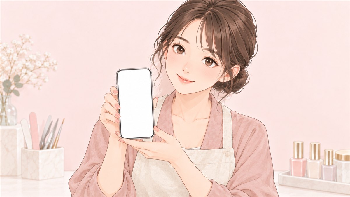 スマートフォンの画面を見せているネイルサロンのスタッフ