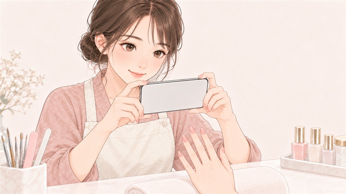 施術を終えた爪をスマートフォンで撮影しているネイルサロンのスタッフ