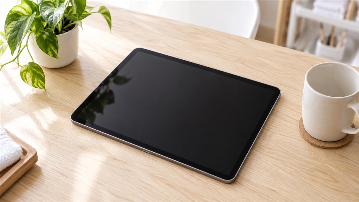 明るい木の机に置かれたタブレット