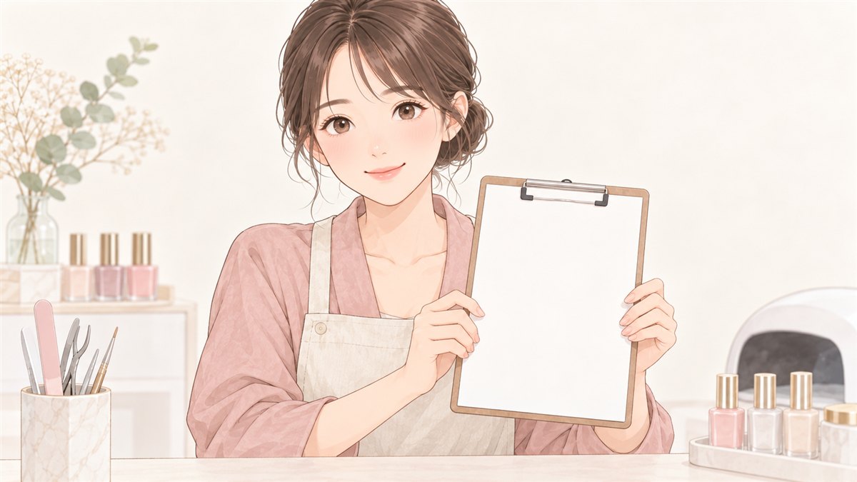 無地の用紙をはさんだクリップボードを持って説明するネイリスト