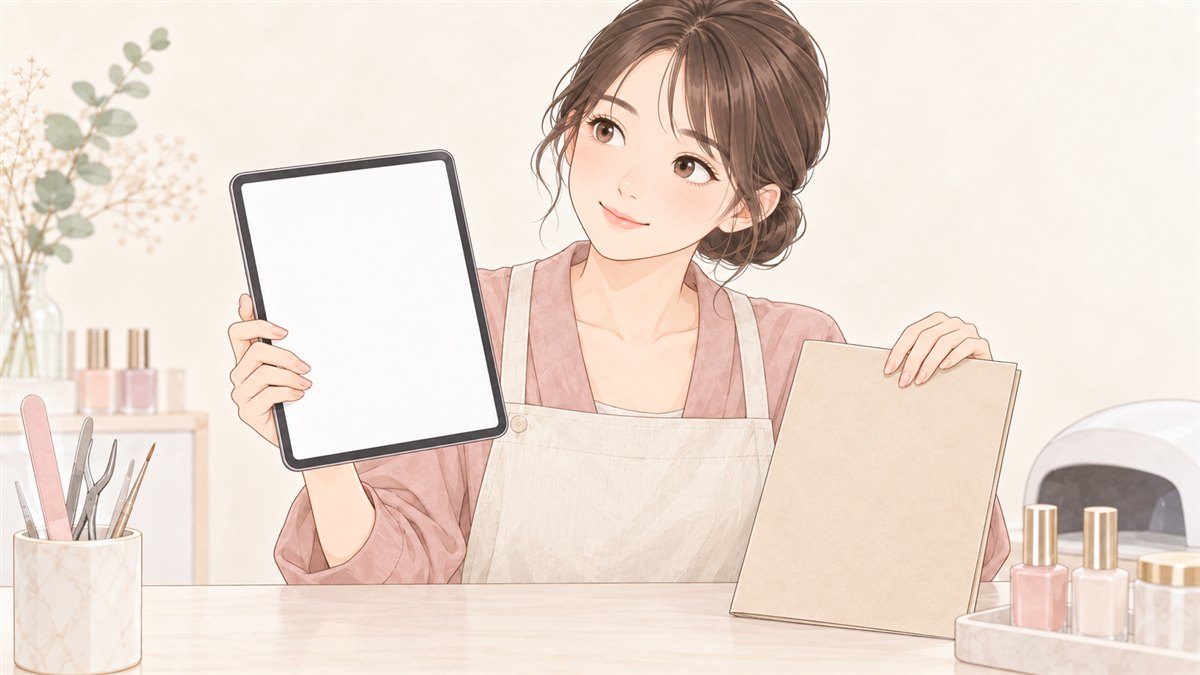 タブレットと紙のファイルを持ち、どちらにするか考えるネイリスト