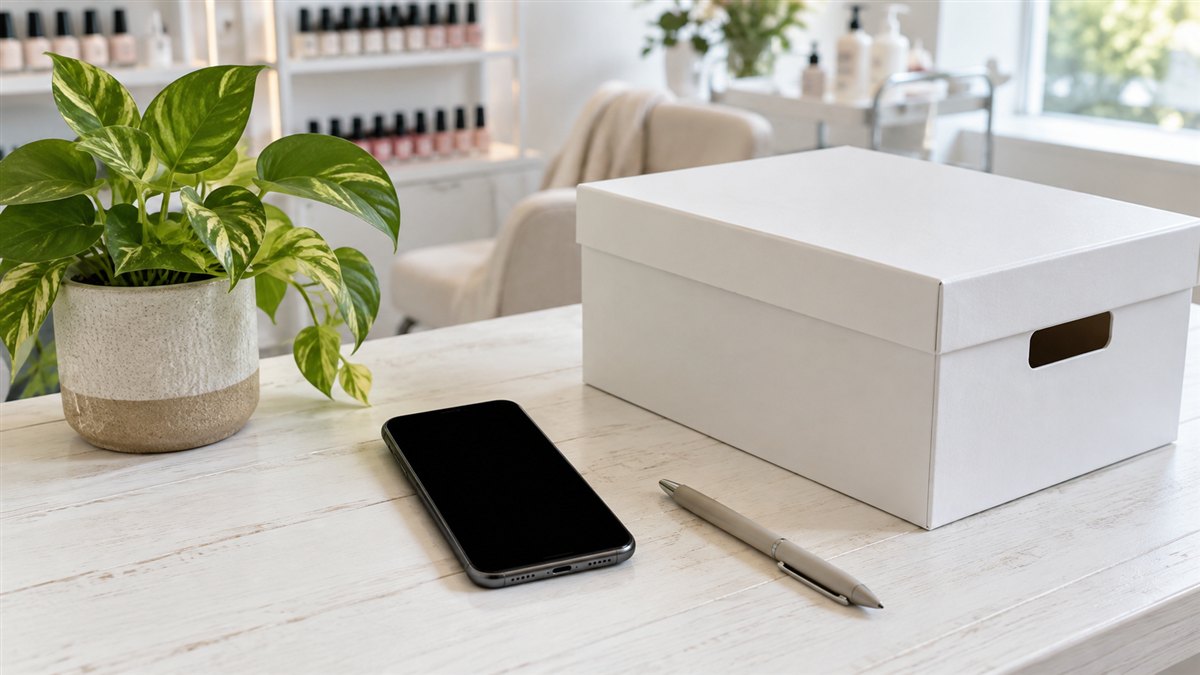 施術テーブルの上のスマートフォンと白いファイルボックス、観葉植物