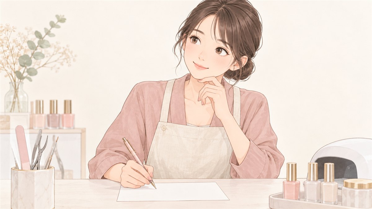 サロンのカウンターで紙に書き出しながら数えているネイルサロンのスタッフ