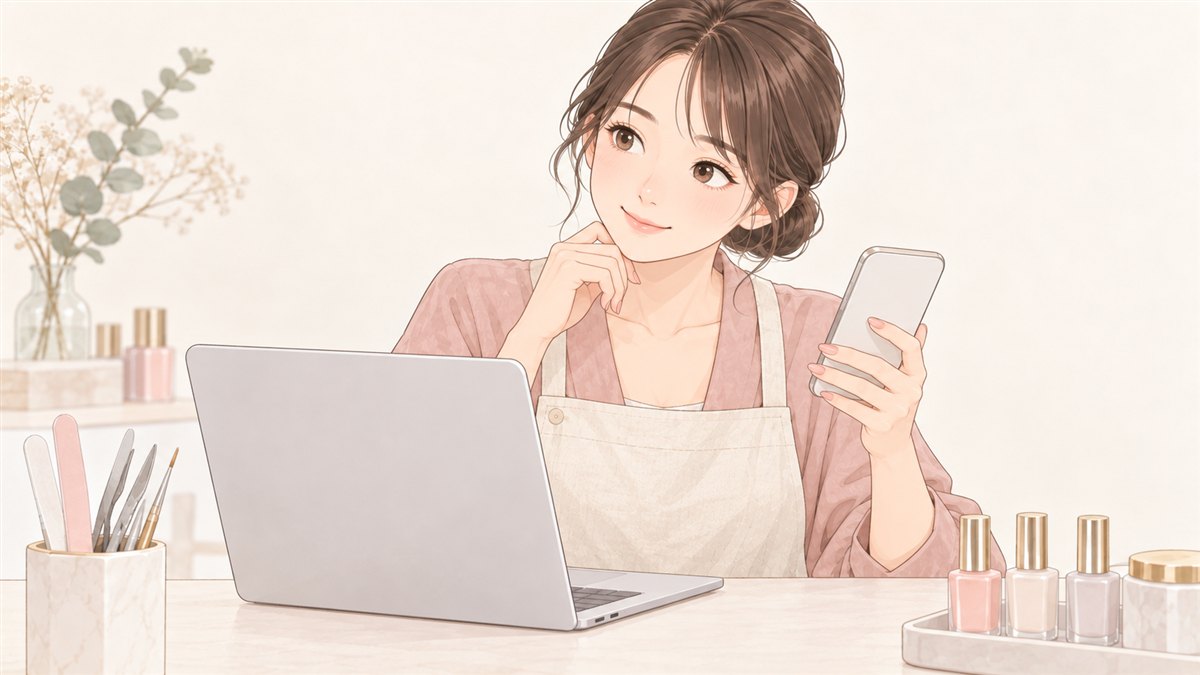 ノートパソコンとスマートフォンを並べて見比べているネイルサロンのスタッフ