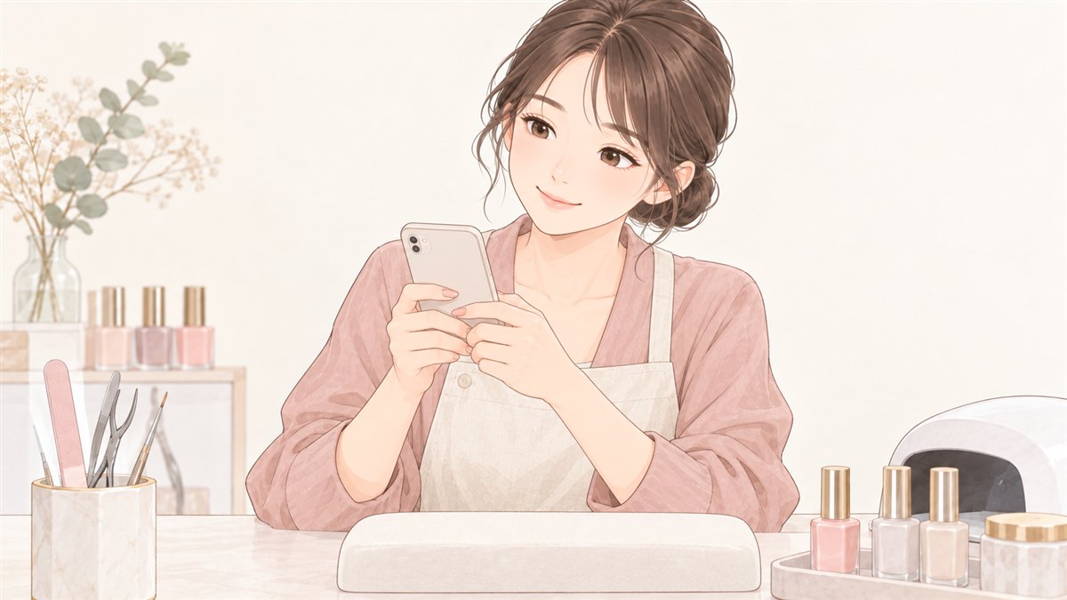スマートフォンで口コミへの返信を打っているネイリスト
