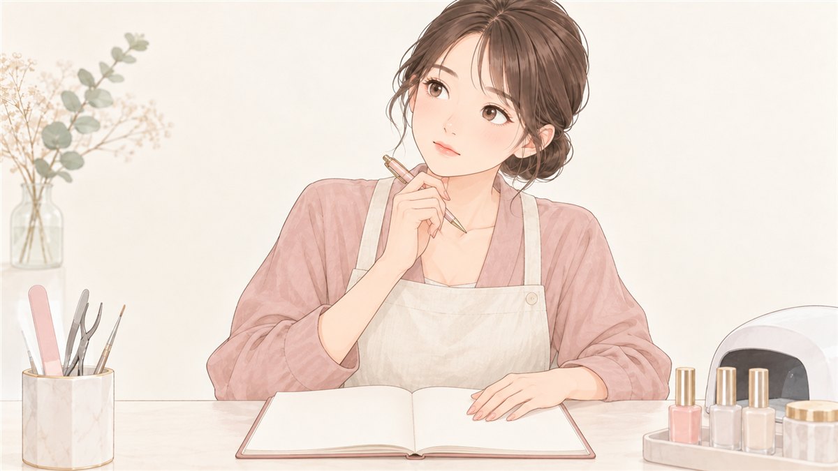 ノートを前にペンを持って考えているネイリスト