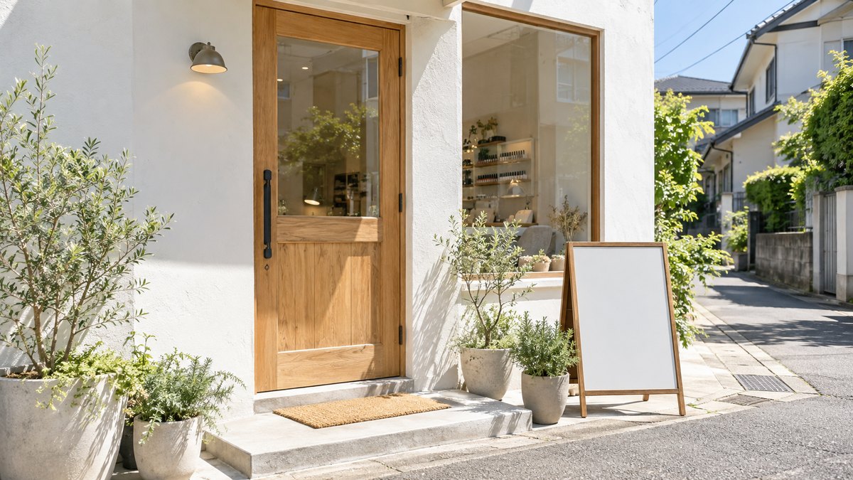 住宅街にある小さなネイルサロンの外観と木のドアの入口