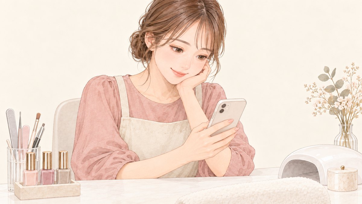 自分の店舗ページをスマートフォンで確認しているネイルサロンのスタッフ