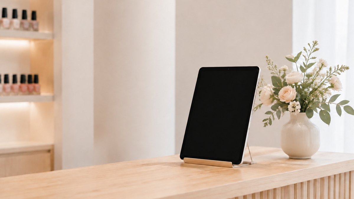 ネイルサロンの受付カウンターに置かれたタブレット
