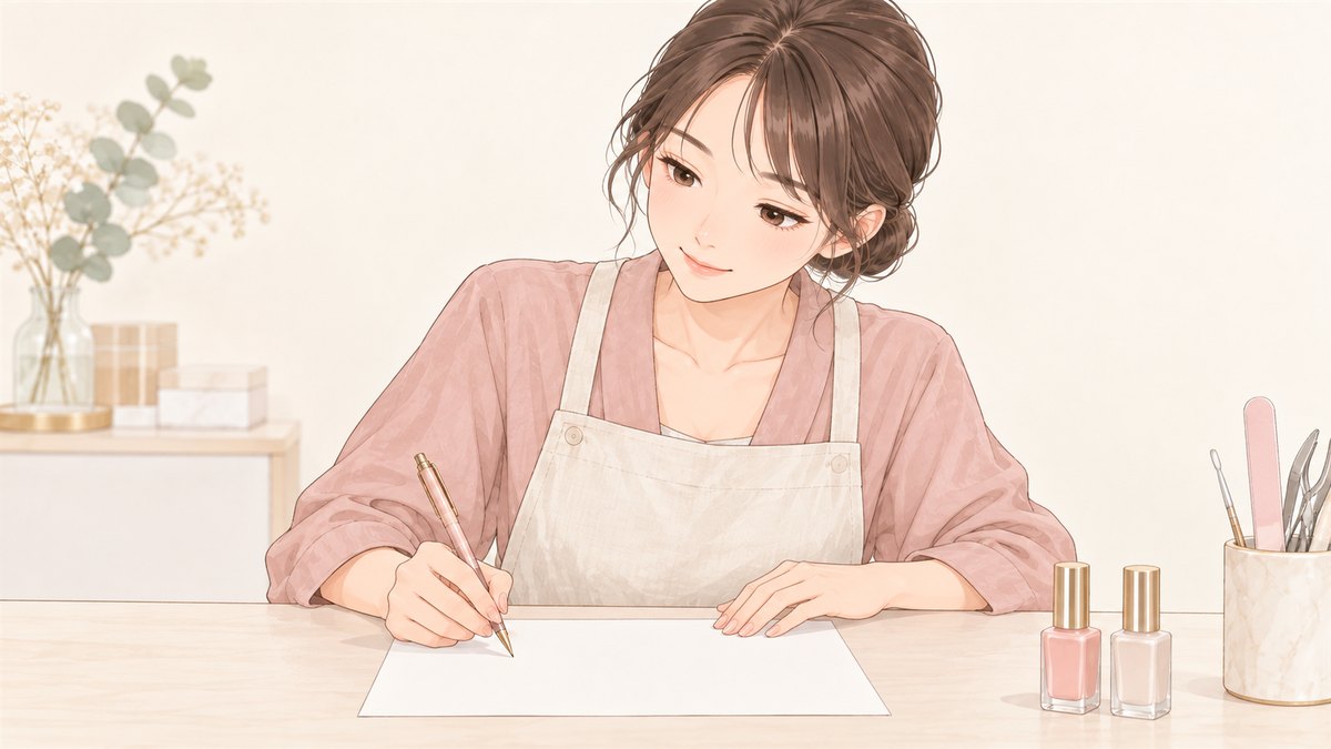 机の上の無地の紙にペンで書き込むネイリスト