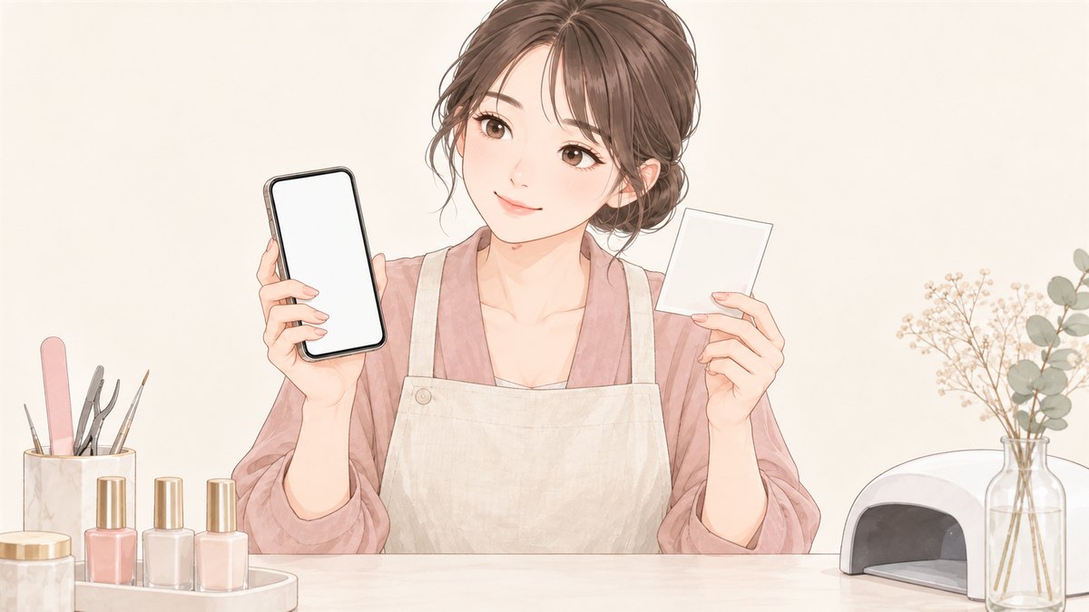 スマートフォンと施術した爪の写真を見比べるネイリスト
