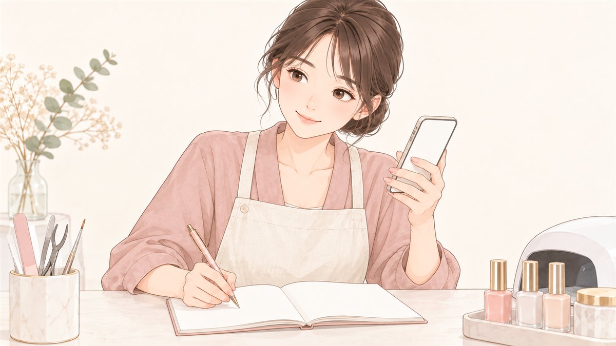 スマートフォンを見ながらノートにメモを取るネイリスト