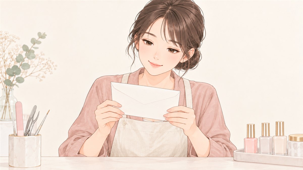 無地の封筒を両手で持って読むネイリスト