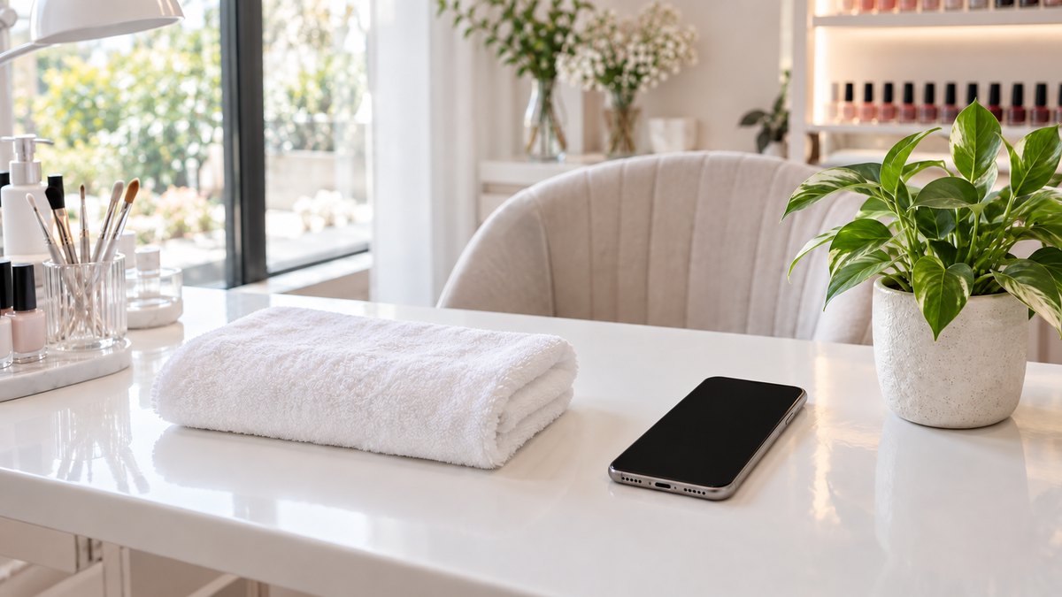 施術テーブルの上のスマートフォンとたたんだ白いタオル、小さな観葉植物