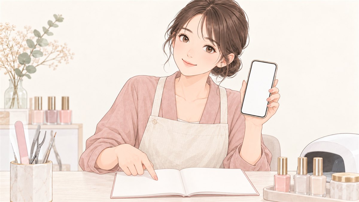 スマートフォンを持ち、白紙のノートの1行を指さすネイリスト