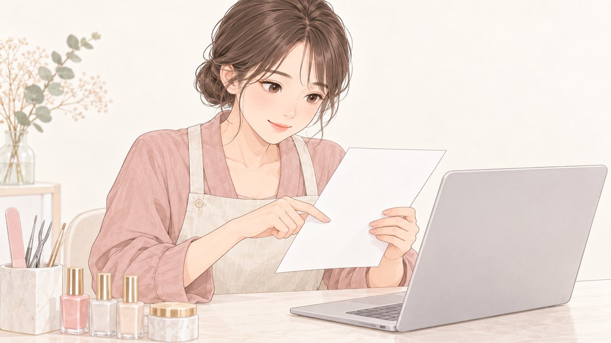 ノートパソコンの前で白紙の紙を指でなぞりながら数えるネイリスト