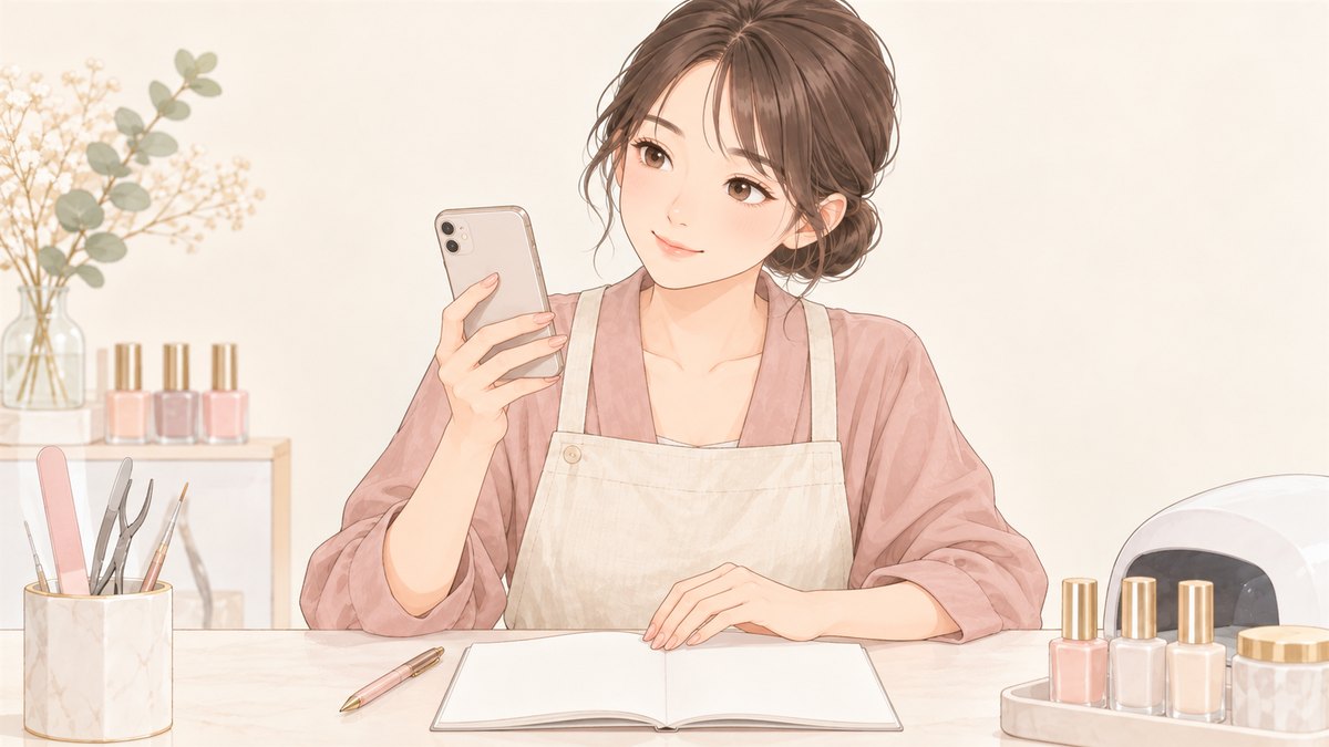 スマートフォンで調べながら、開いた白紙のノートに手を置くネイリスト
