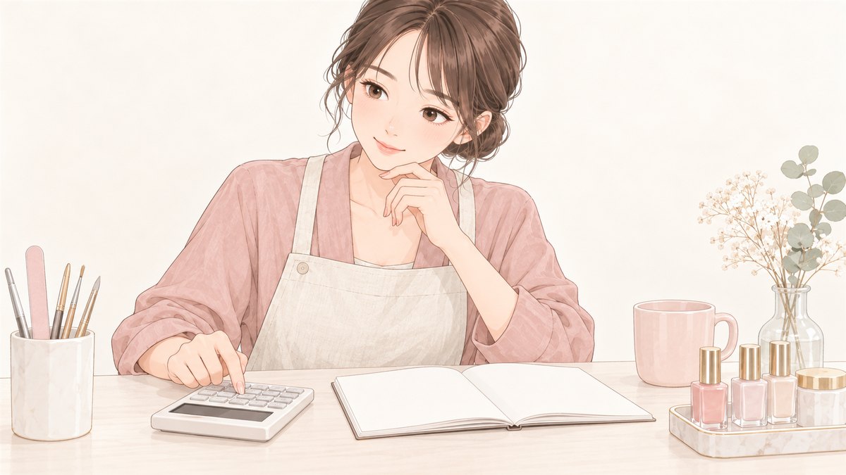 机で電卓を押しながら白紙のノートを見て考えるネイリスト