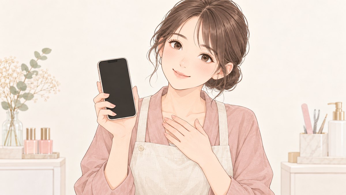 スマートフォンを片手に、もう片方の手を胸に当てて微笑むネイリスト
