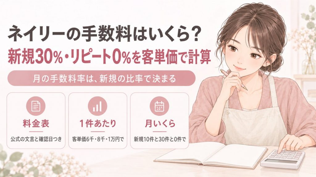 ネイリーの手数料はいくら？新規30%・リピート0%を客単価で計算