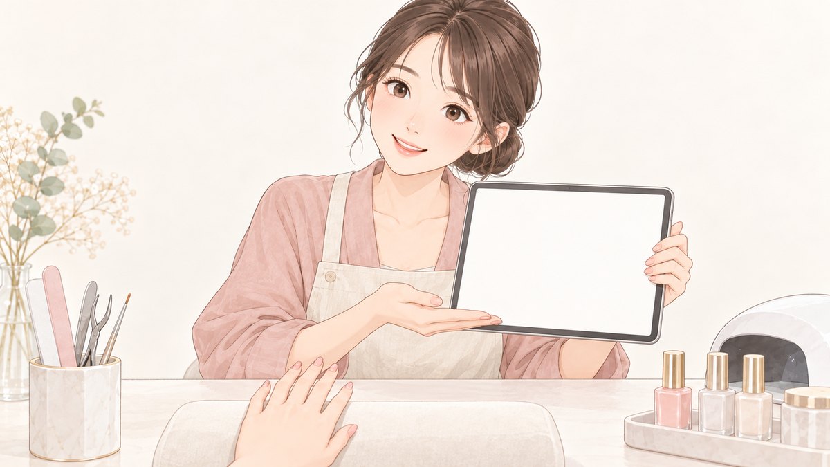 タブレットをこちらに向けて説明するネイリストと、テーブルに置かれたお客様の手