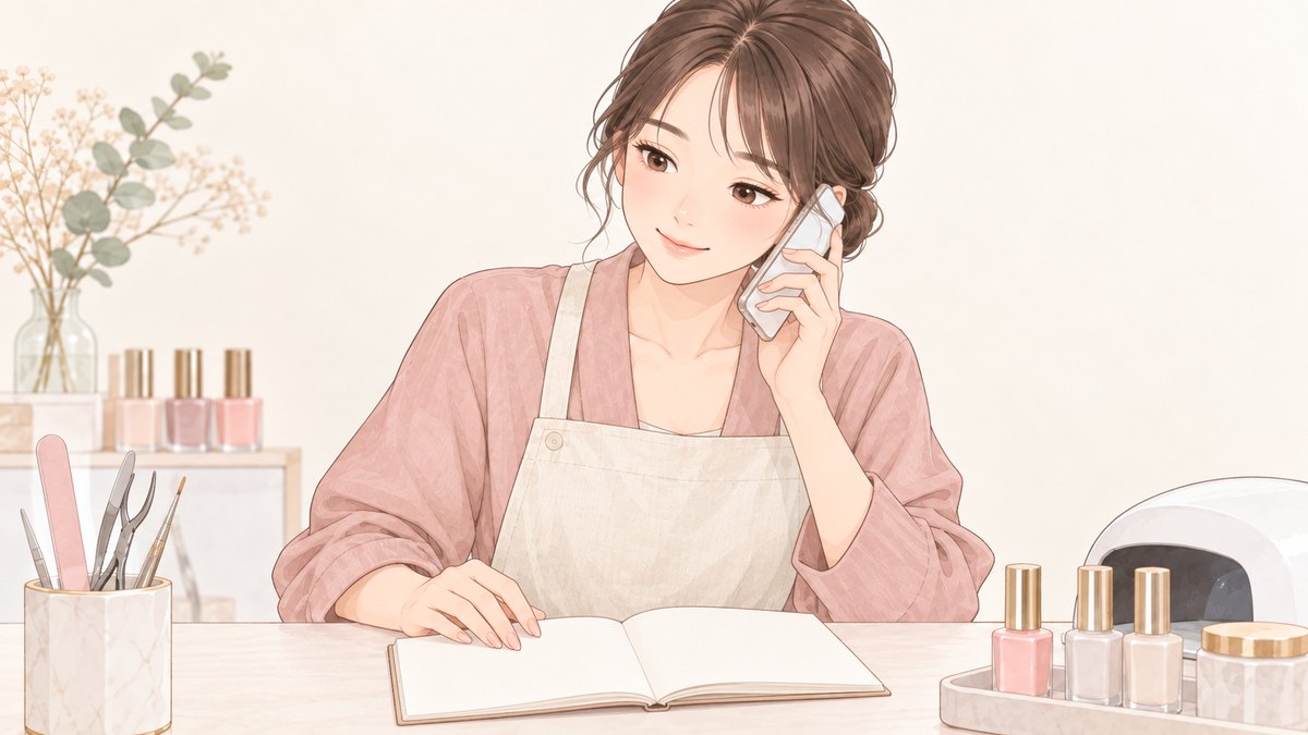ノートを開いて電話で話を聞くネイリスト