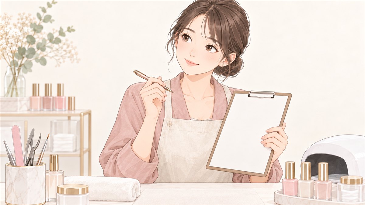 クリップボードを持って点検するネイリスト