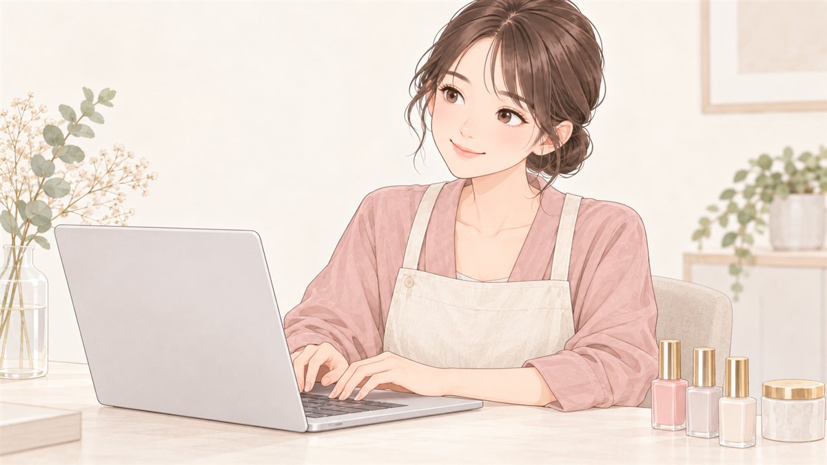 ノートパソコンに向かって微笑むネイリスト