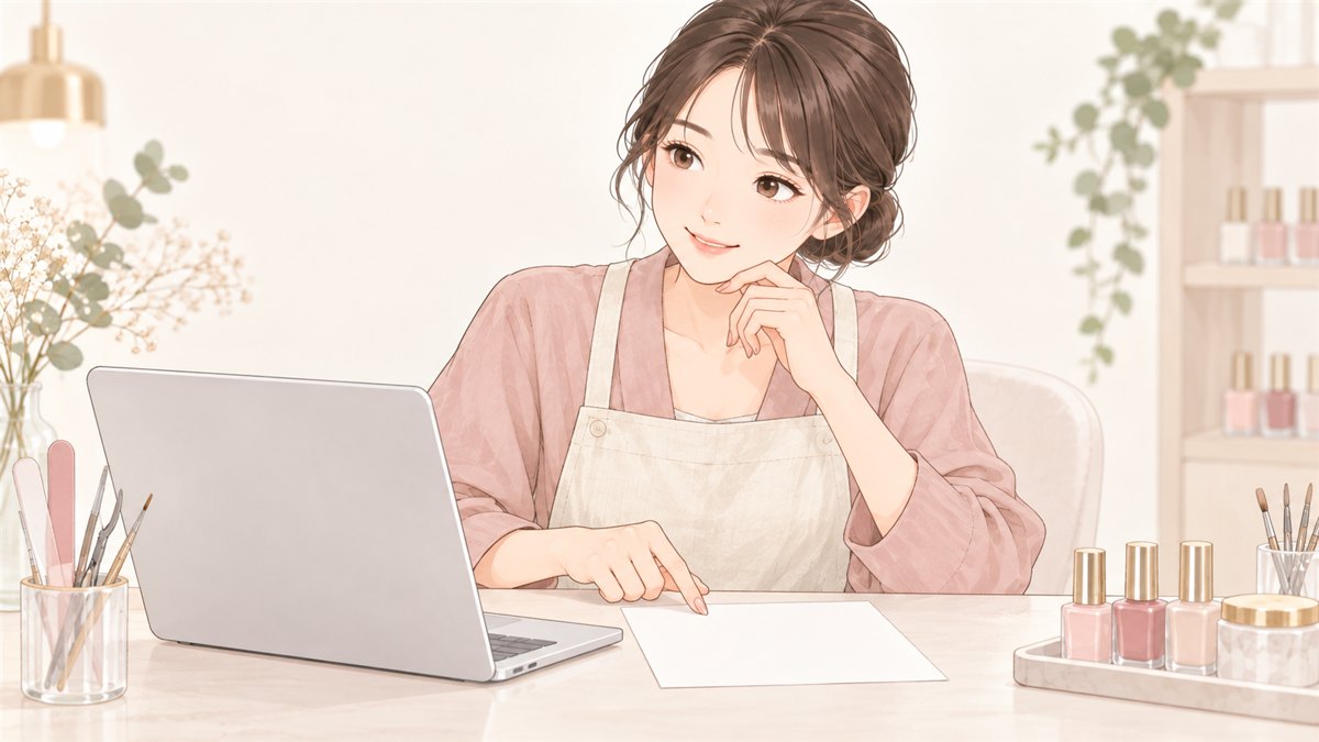 ノートパソコンの画面を見ながら紙の上で件数を数えているネイリスト