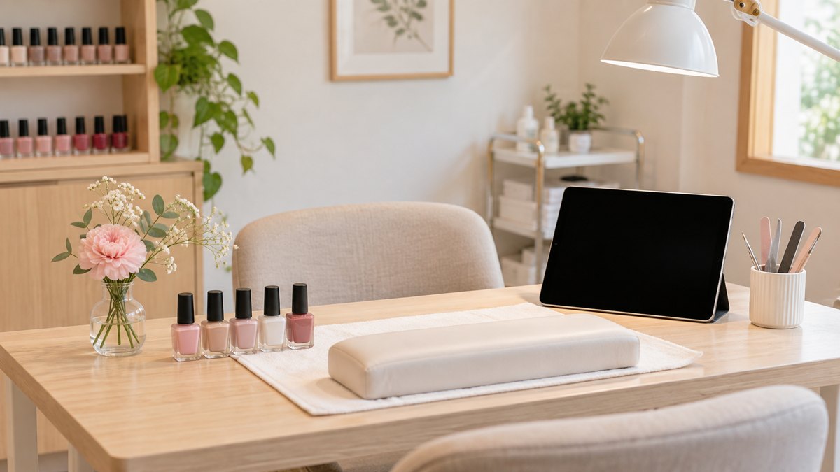 ネイルサロンの施術テーブルに置かれたマニキュアの小瓶とタブレット