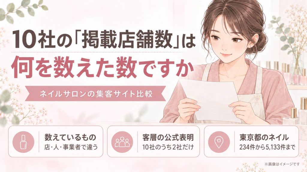 ネイルサロンの集客サイト比較｜10社の「掲載店舗数」は何を数えた数ですか