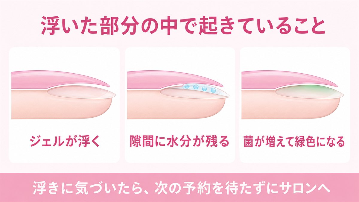 浮いたジェルの隙間に水分が残り菌が増える流れを示した図