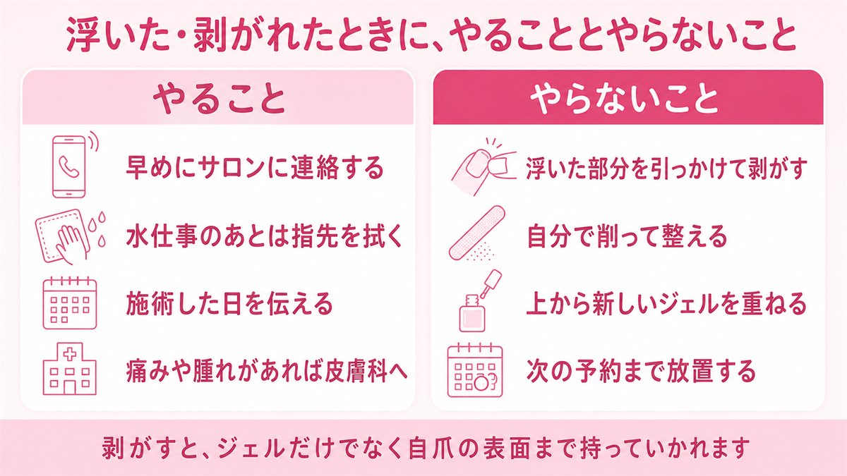 ジェルが浮いたときにやることとやらないことを並べた図