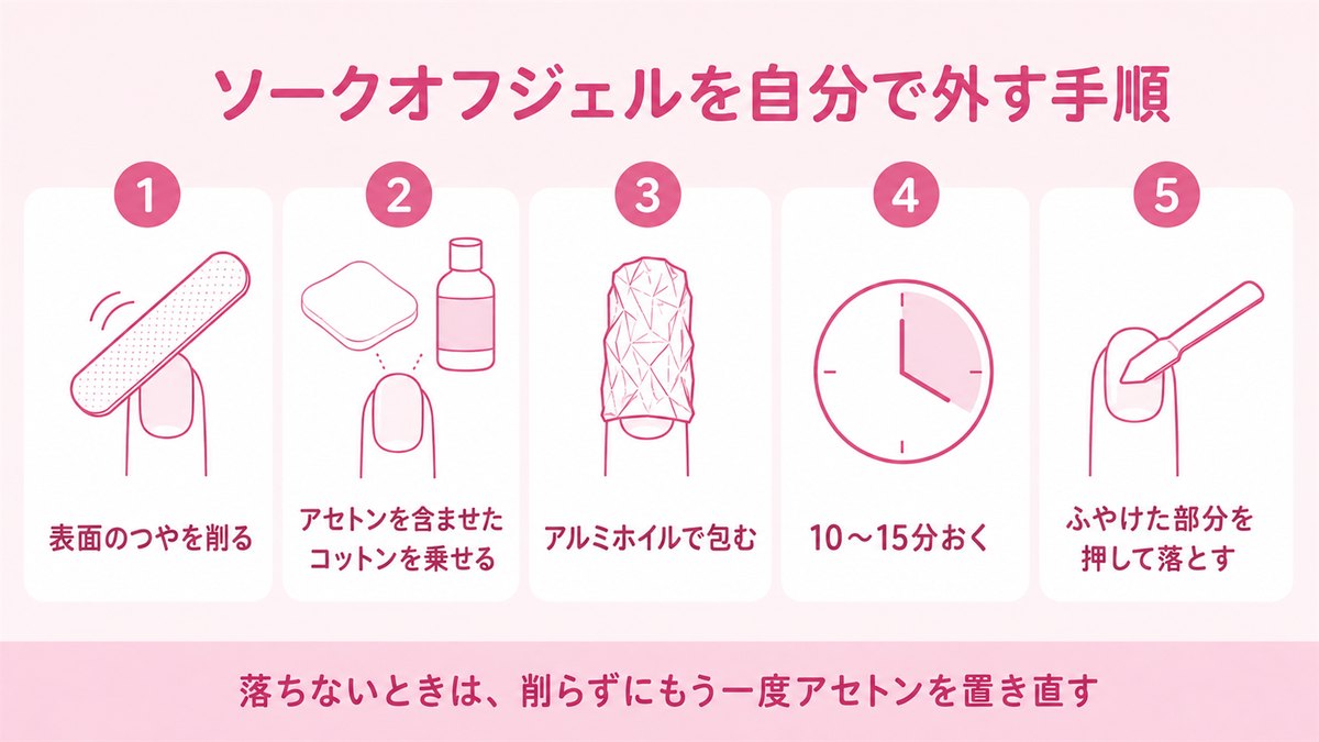 ソークオフジェルを自分で外す5つの手順を示した図
