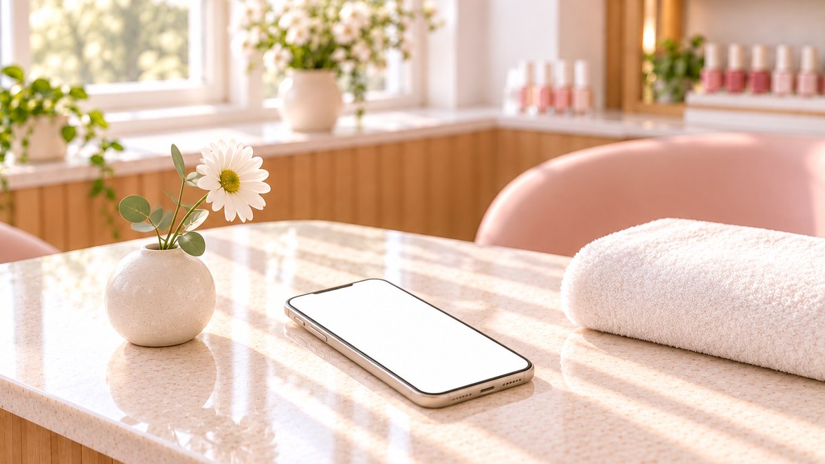 施術テーブルの上のスマートフォンと白い花、たたんだタオル