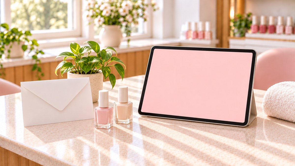 施術テーブルの上のタブレットと白い封筒、ネイルポリッシュと観葉植物