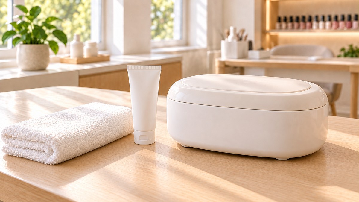 施術テーブルの上のパラフィンパック用の保温器とタオル、ハンドクリーム