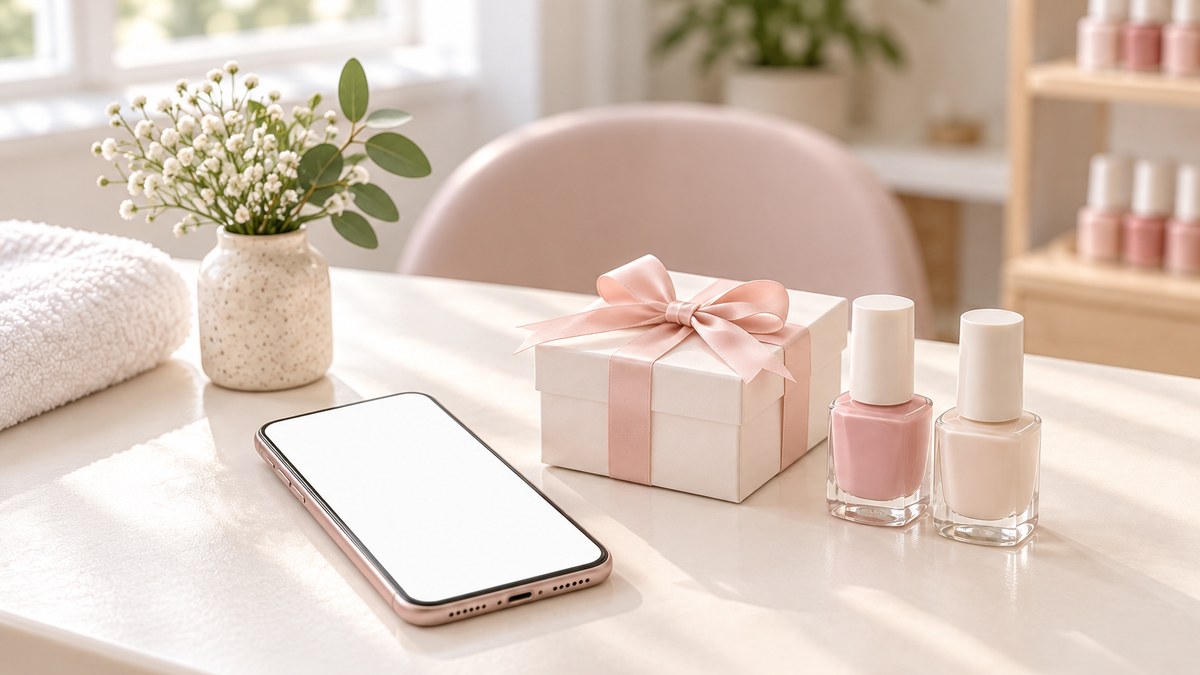 施術テーブルの上のスマートフォンとリボン付きの白いギフトボックス、ネイルポリッシュ