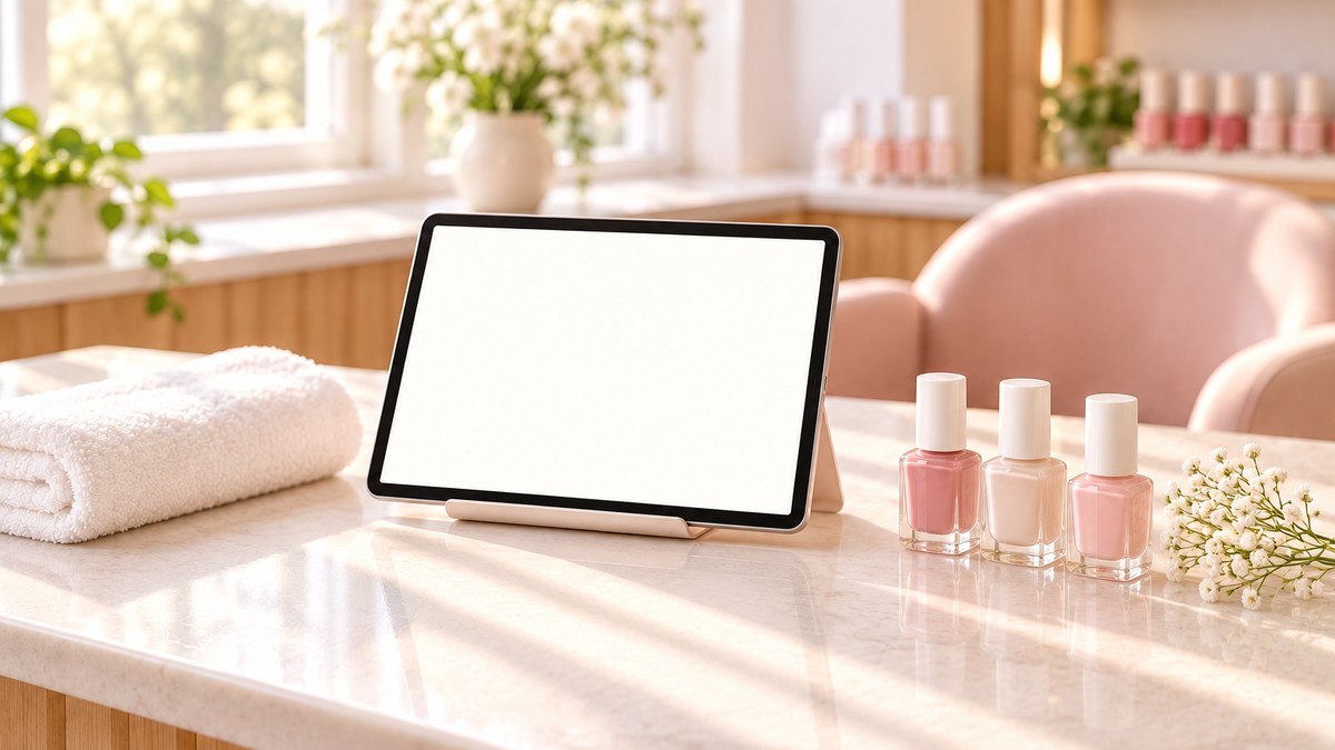 施術テーブルの上のタブレットとたたんだタオル、ネイルポリッシュ3本