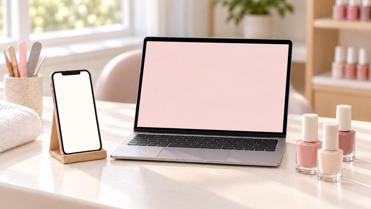 施術テーブルの上のスマートフォンとノートパソコン、ネイルポリッシュ