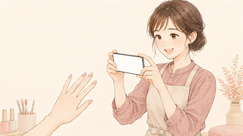 施術後のお客様の手をスマートフォンで撮影するネイリスト