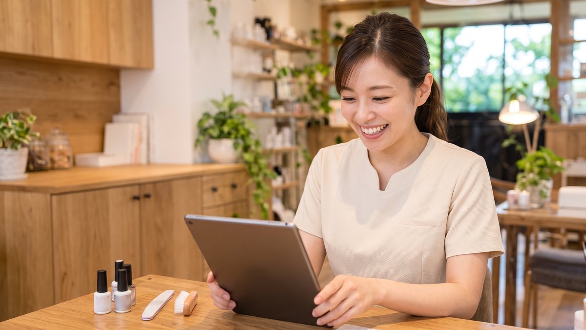 ネット予約が入ったことをタブレットで確認するネイリスト