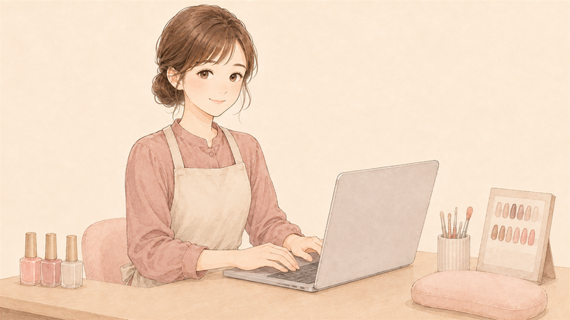 サロンのパソコンで予約を確認するネイリスト