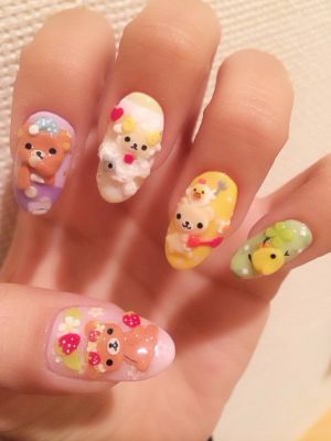 パステル×3Dのクマとヒヨコのキャラクターネイル